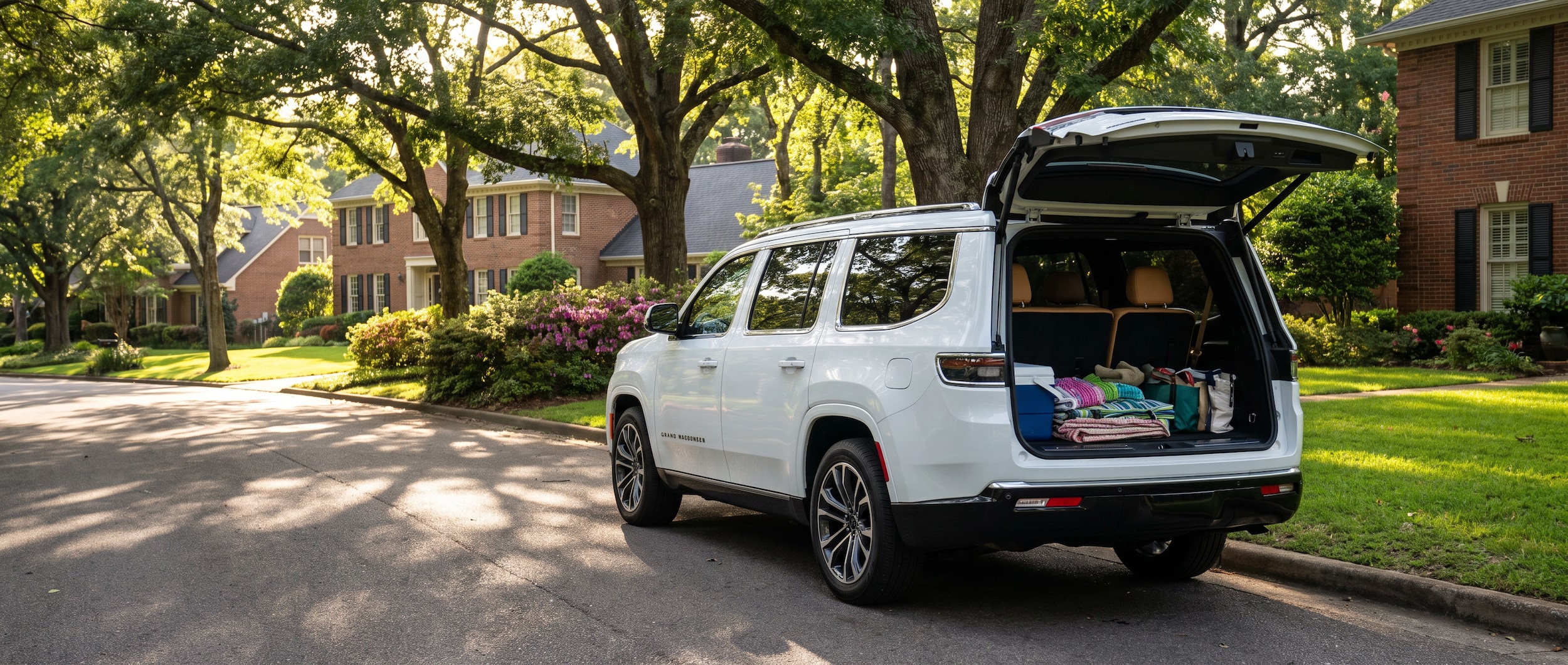 2026 Jeep Grand Wagoneer third-row cargo area open on a shaded Mountain Brook, Alabama residential street