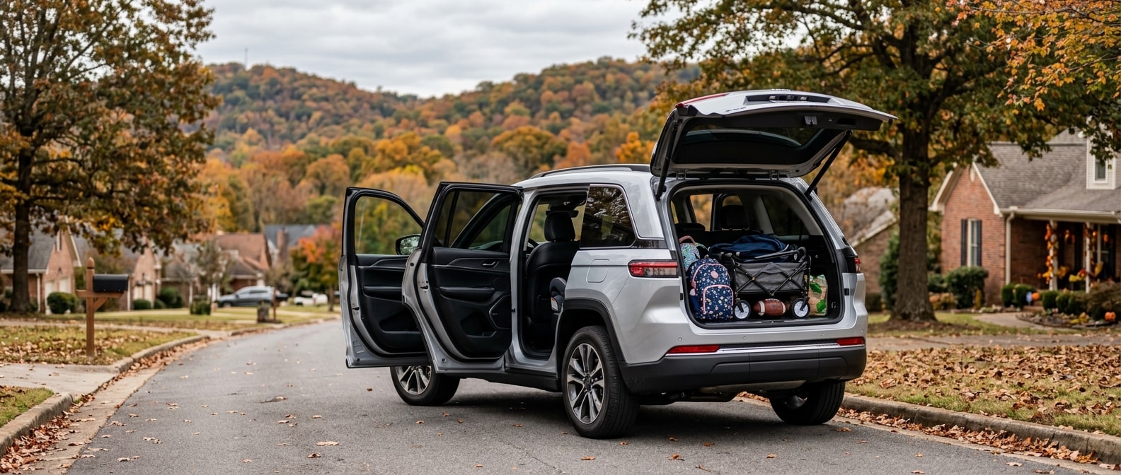 2026 Jeep Grand Cherokee L three-row SUV on a hilly Alabama road near Chelsea