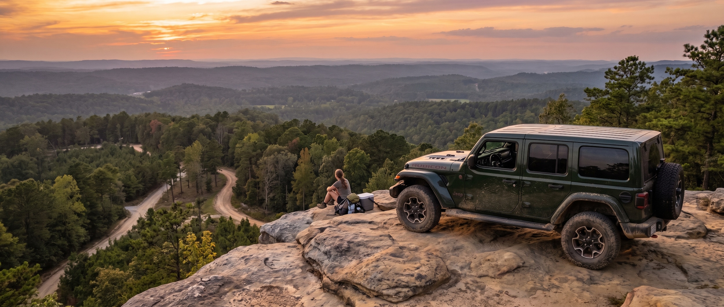 2026 Jeep Wrangler on a rocky Appalachian foothills overlook near Birmingham, Alabama