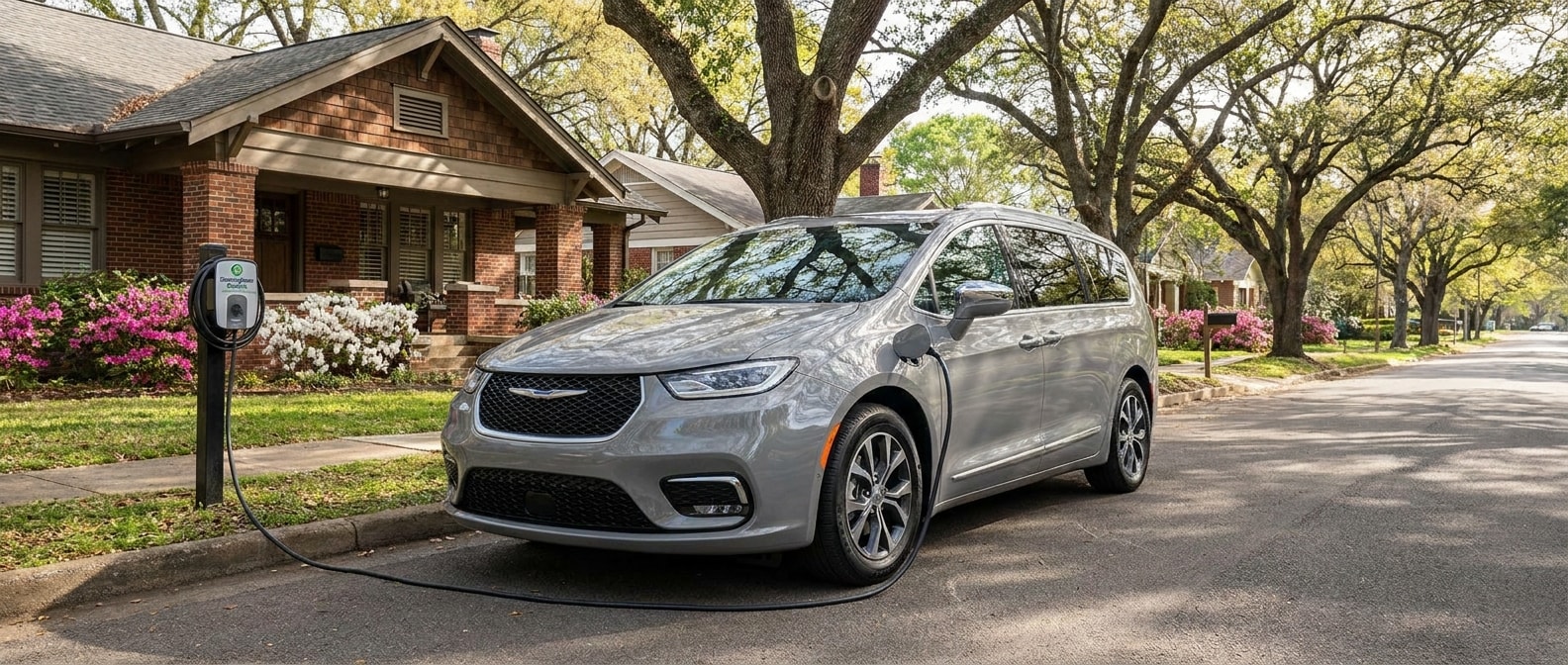 2025 Chrysler Pacifica Plug-In Hybrid parked in a Birmingham, AL suburb with a Level 2 charging cord plugged in