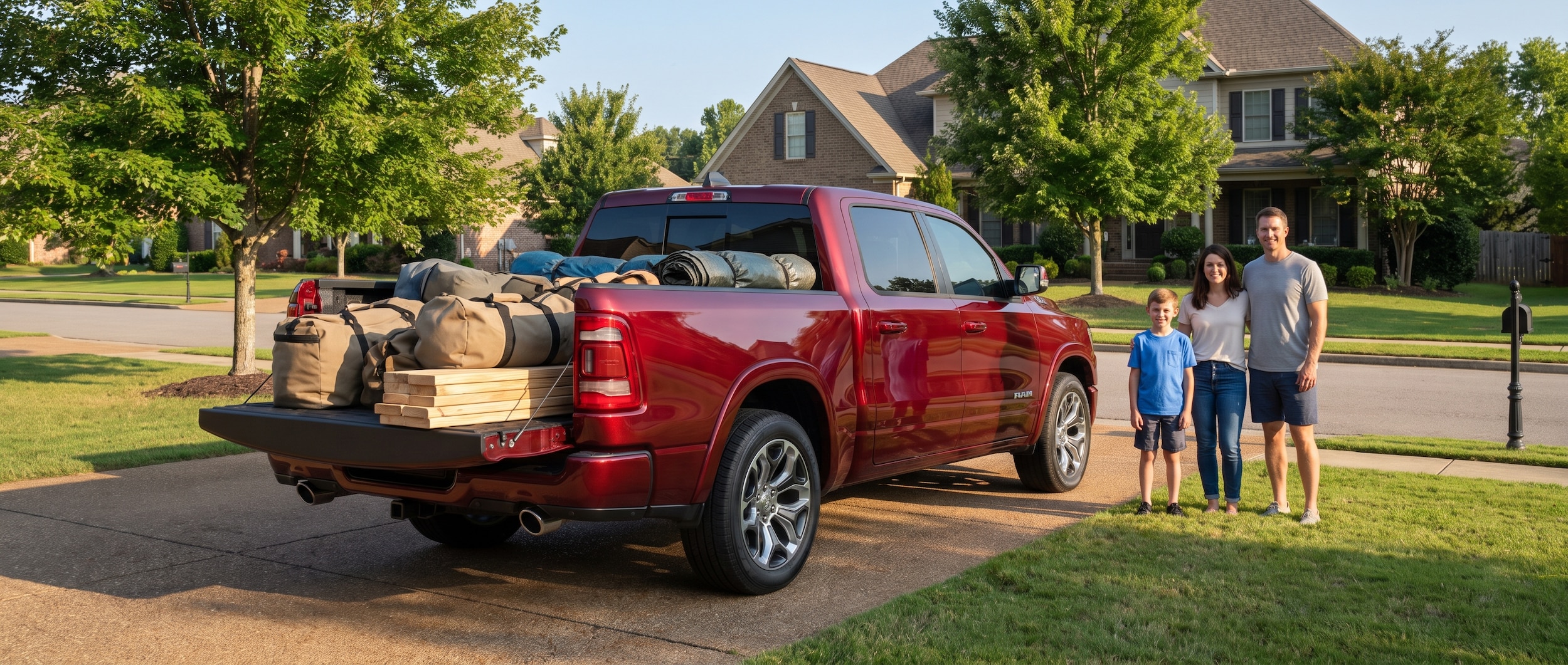 2026 Ram 1500 Crew Cab loaded with sports gear and lumber in a Birmingham, AL driveway