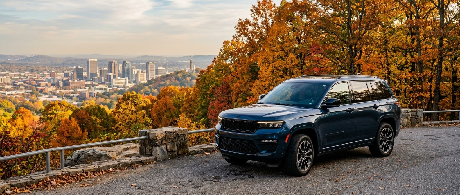 2026 Jeep Grand Cherokee at a Birmingham fall foliage overlook above the downtown skyline