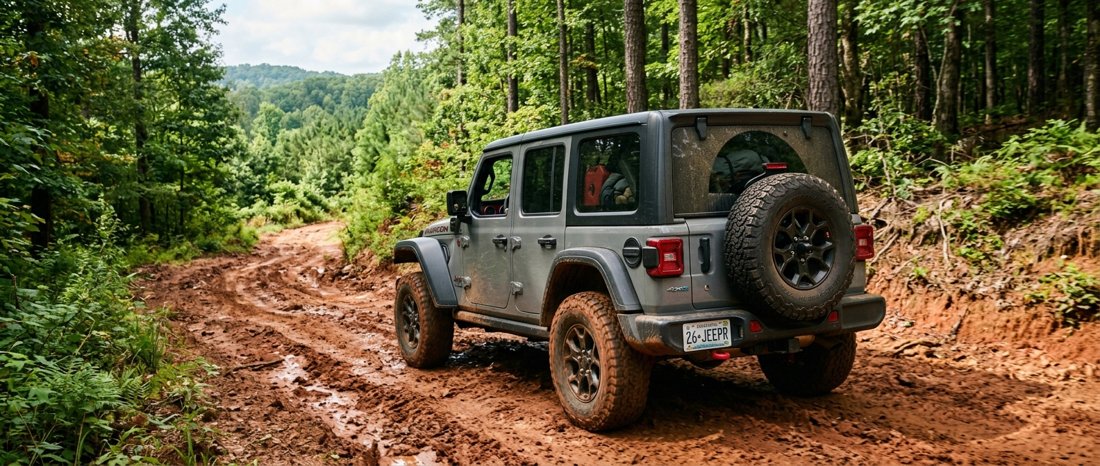 2026 Jeep Wrangler Rubicon on a red-clay Alabama forest road in the Appalachian foothills before hunting season