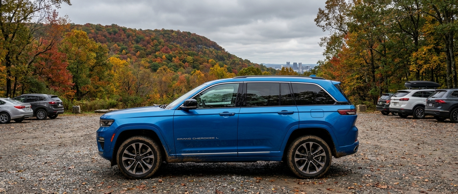 2026 Jeep Grand Cherokee at Red Mountain Park trailhead in Birmingham, Alabama, fall foliage on the ridge