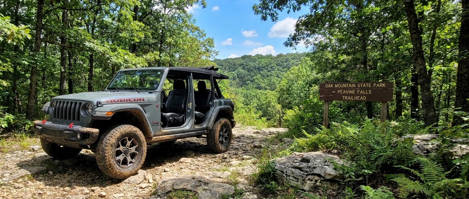 2026 Jeep Wrangler Rubicon on rocky limestone trail near Birmingham Alabama with doors removed