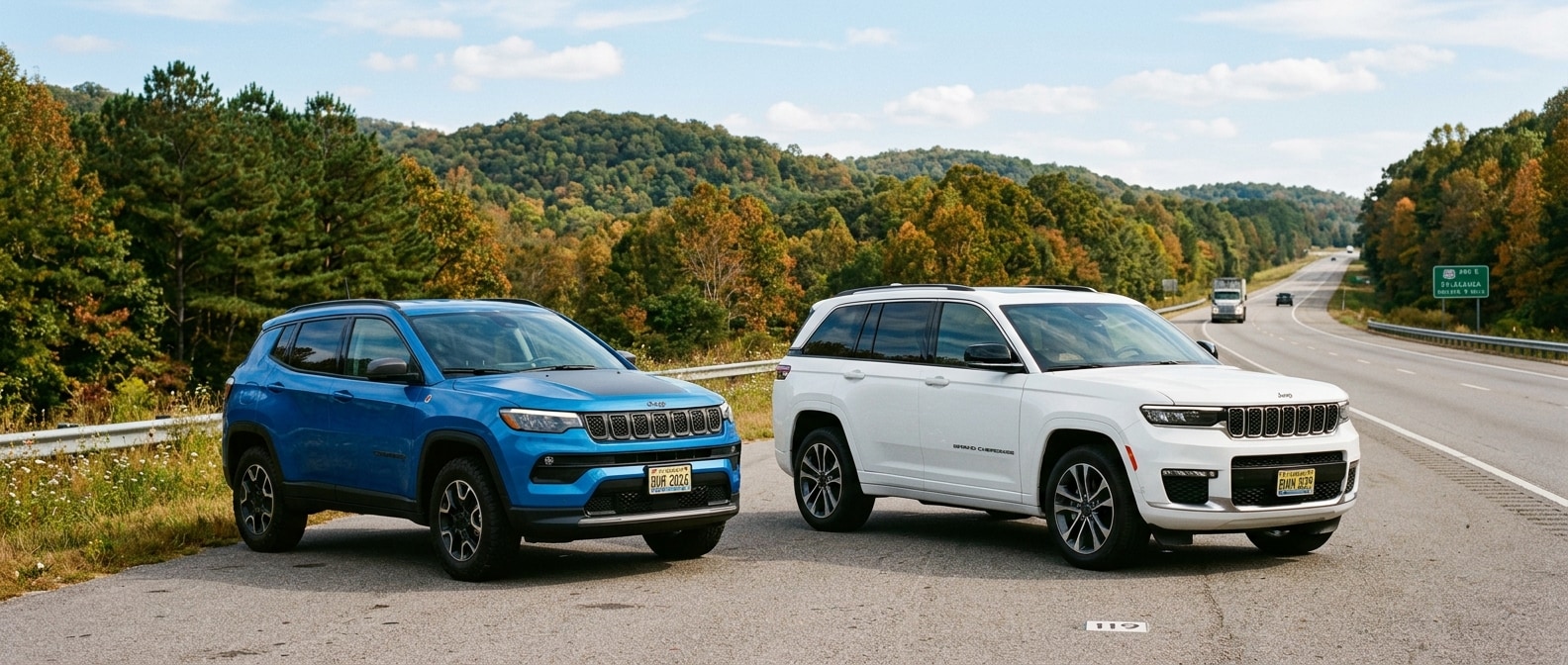 2026 Jeep Compass and 2026 Jeep Grand Cherokee parked side by side on a Birmingham, AL highway with Appalachian foothills in the background