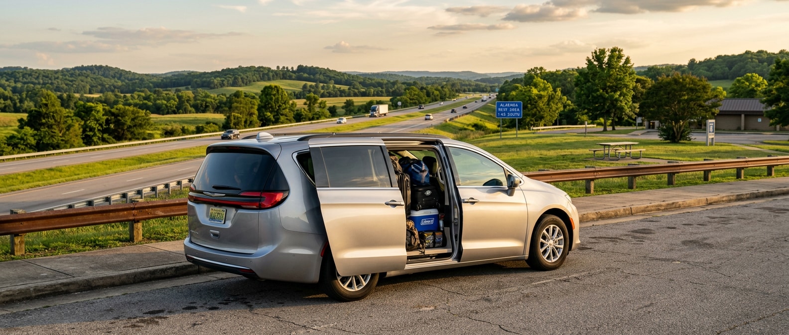 2026 Chrysler Pacifica on I-65 South in Alabama heading to Mobile on a family road trip