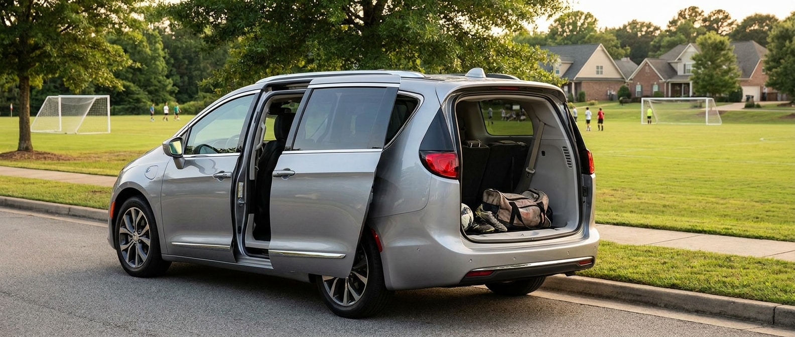 2026 Chrysler Pacifica with sliding door open at a Chelsea, AL youth sports field, cargo area loaded with soccer gear