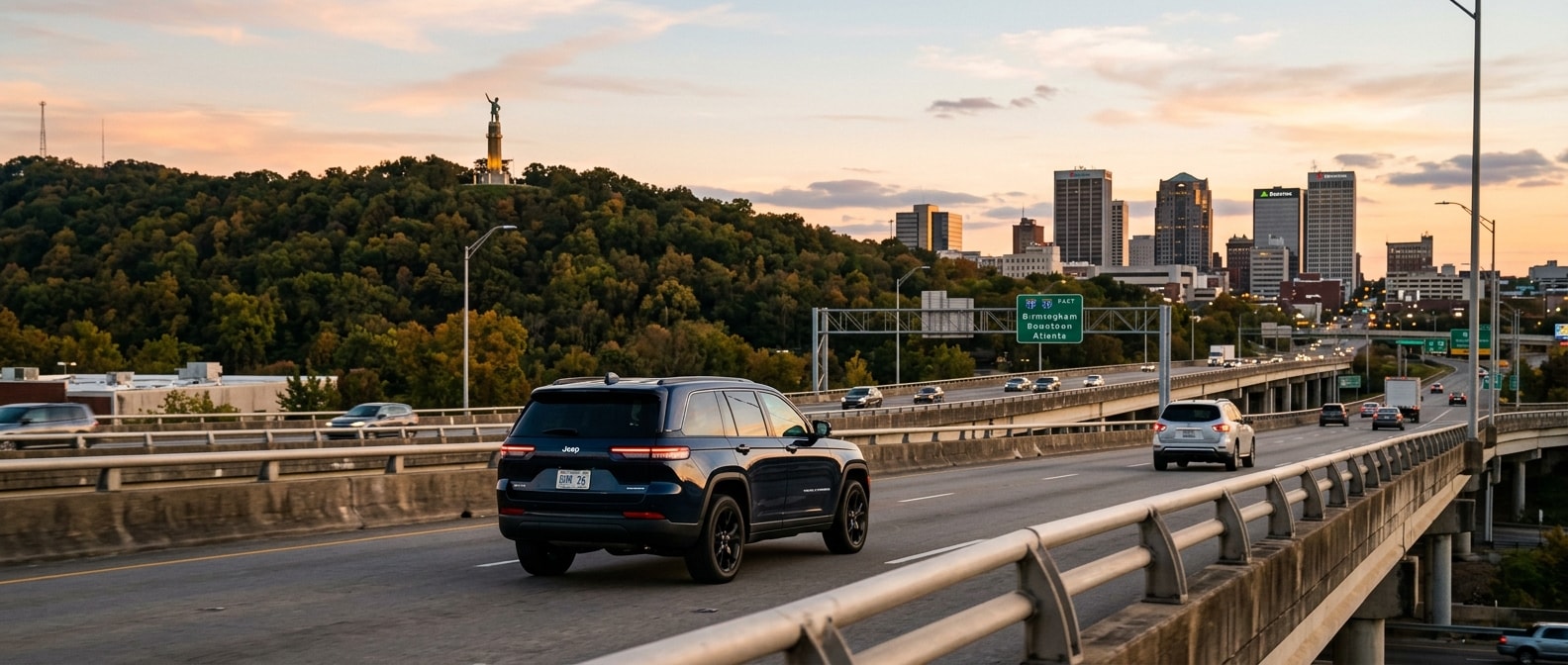 2026 Jeep Grand Cherokee on the Red Mountain Expressway with Birmingham skyline in the background