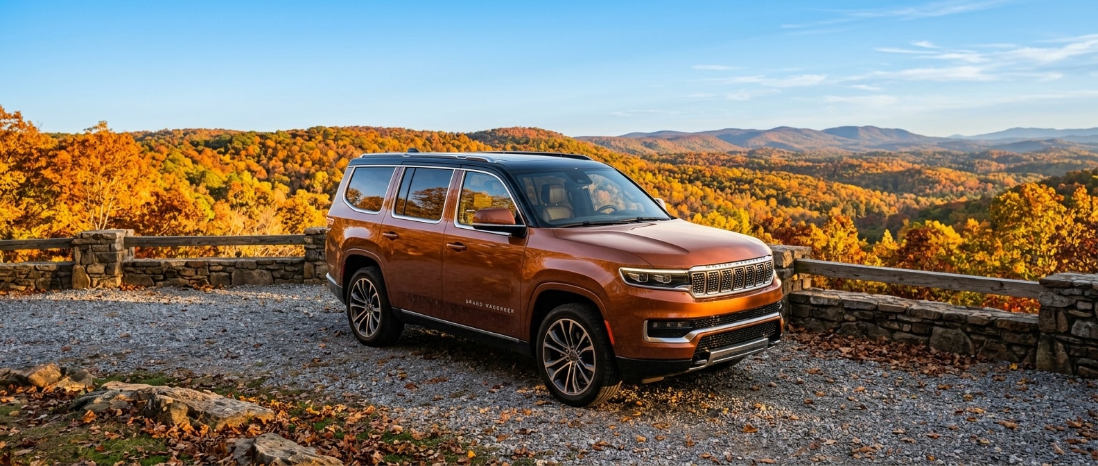 2026 Jeep Grand Wagoneer at fall foliage overlook in Alabama Appalachian foothills