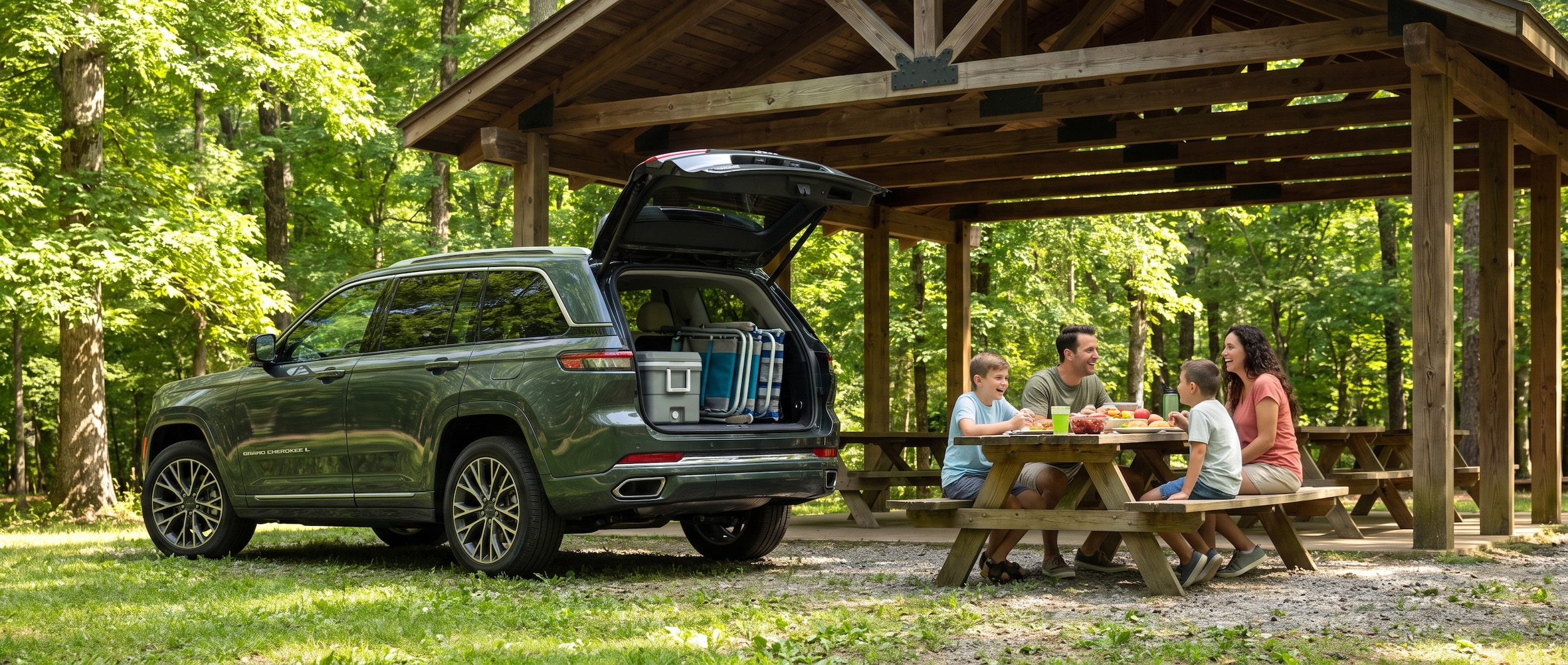 2026 Jeep Grand Cherokee L with liftgate open at a summer family cookout near Trussville Alabama