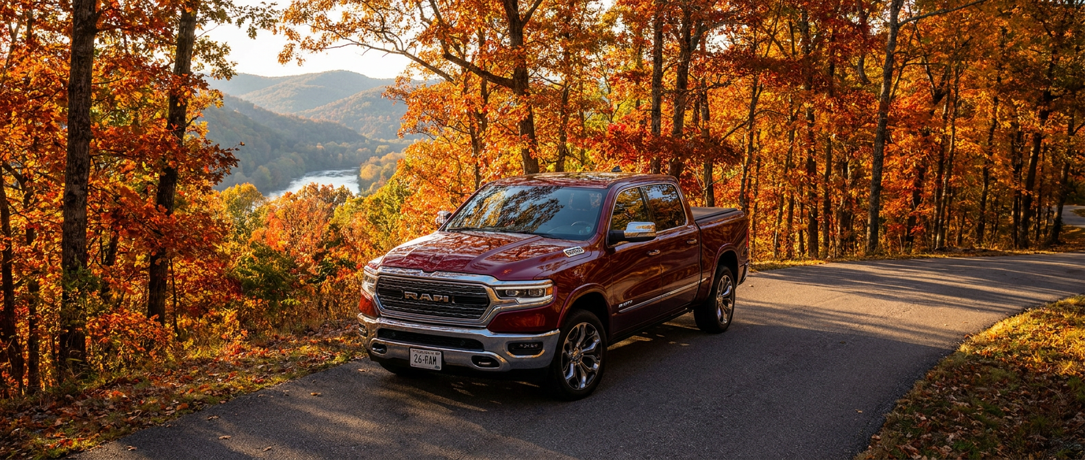 2026 Ram 1500 Crew Cab at a fall foliage overlook on an Alabama hillside road near Cheaha State Park