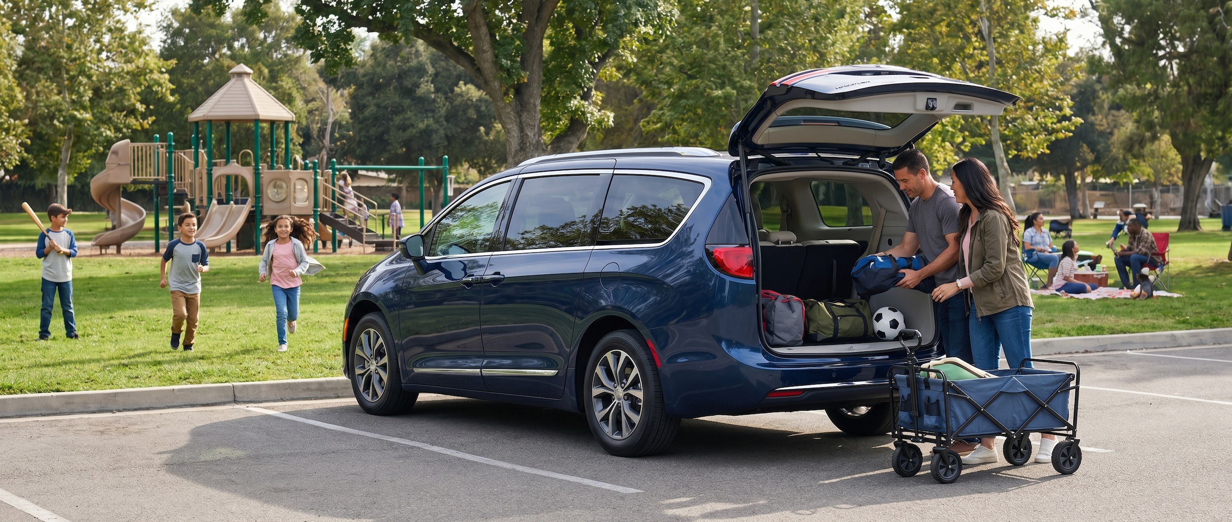 Chrysler Pacifica family minivan at Birmingham AL park showing cargo space and family features