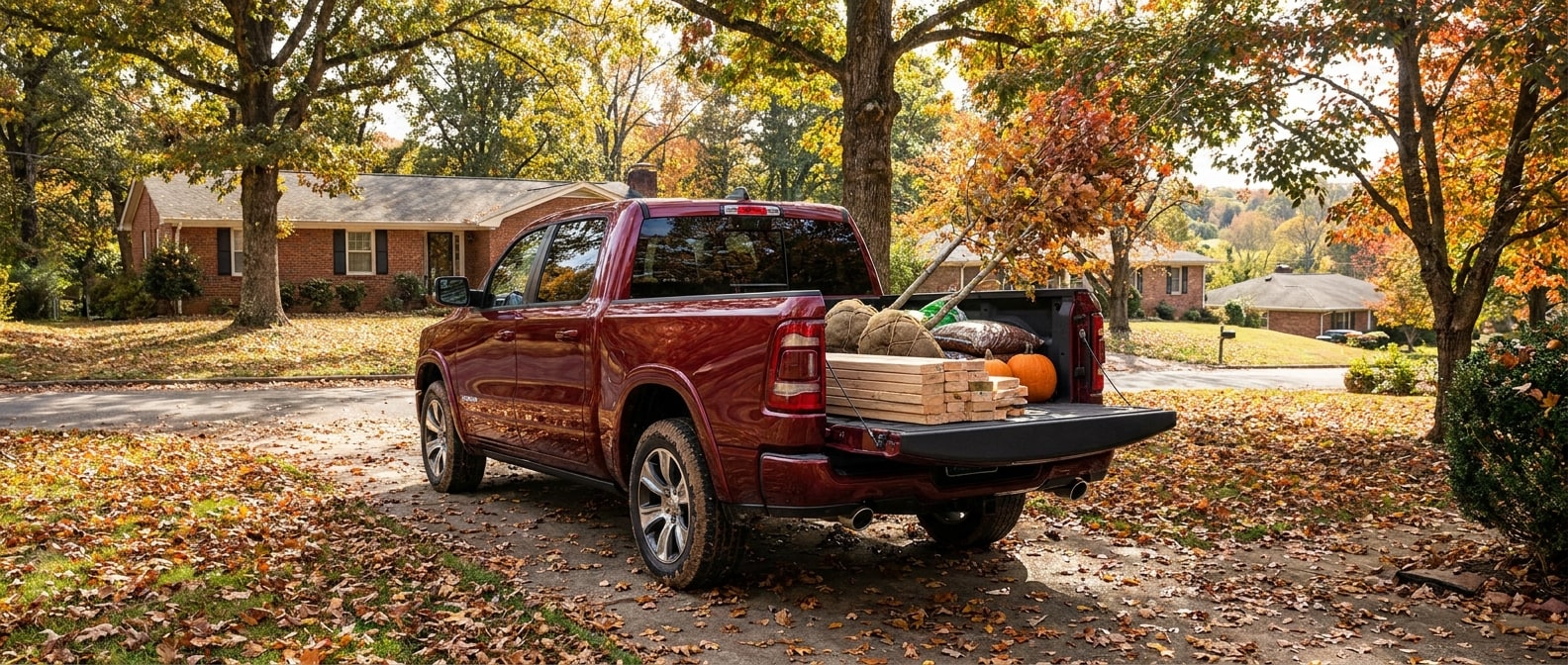 2026 Ram 1500 with open tailgate loaded with lumber in a Birmingham area residential driveway during fall