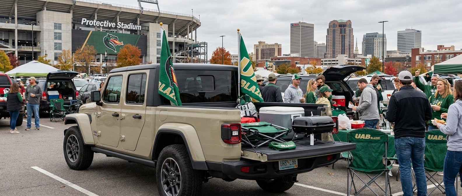 2026 Jeep Gladiator Sport S with tailgate down loaded with tailgate gear in a Birmingham stadium parking lot