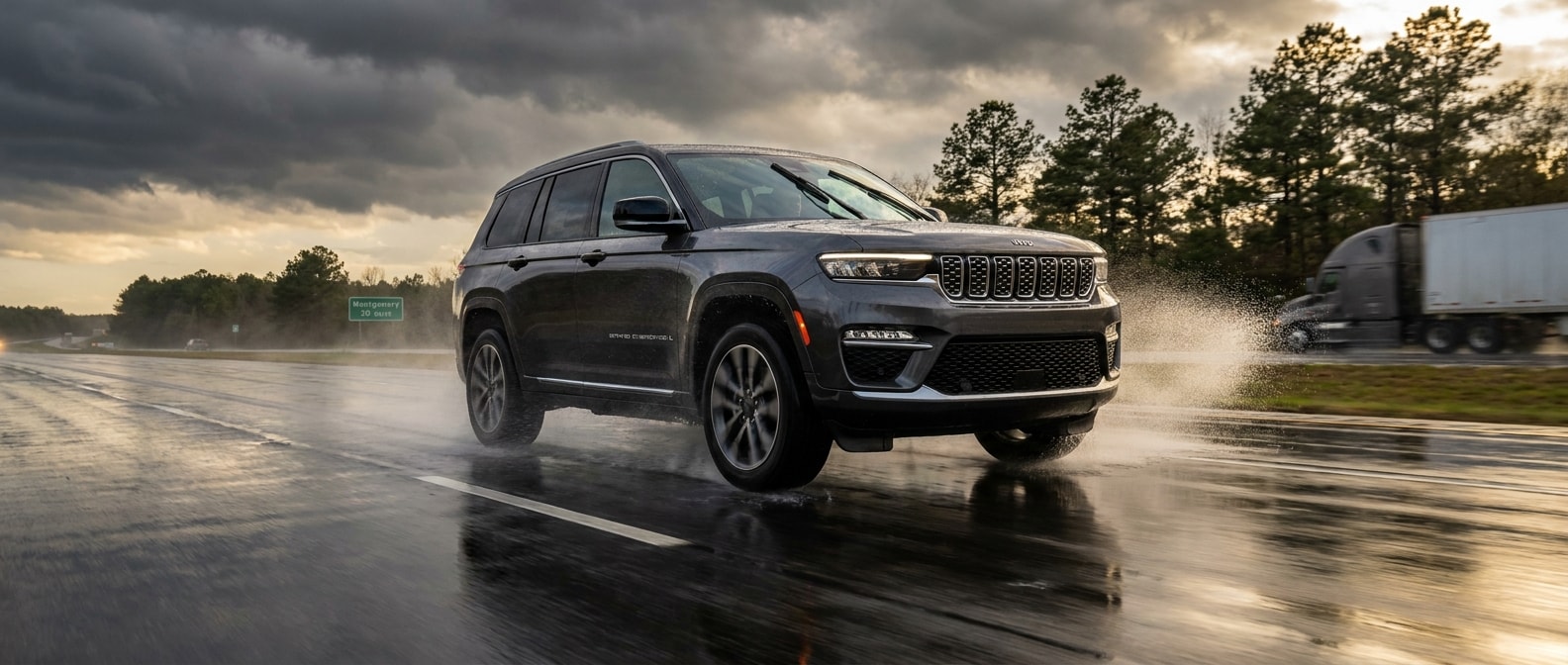 2026 Jeep Grand Cherokee driving on a rain-slicked Alabama interstate during a summer thunderstorm
