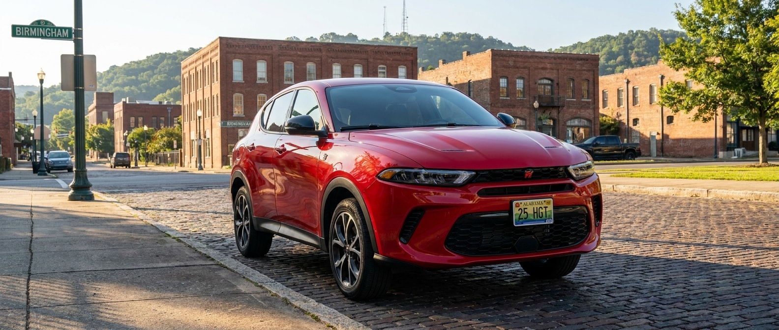 2025 Dodge Hornet GT parked on a Birmingham, Alabama street with wooded hills in the background on a summer day