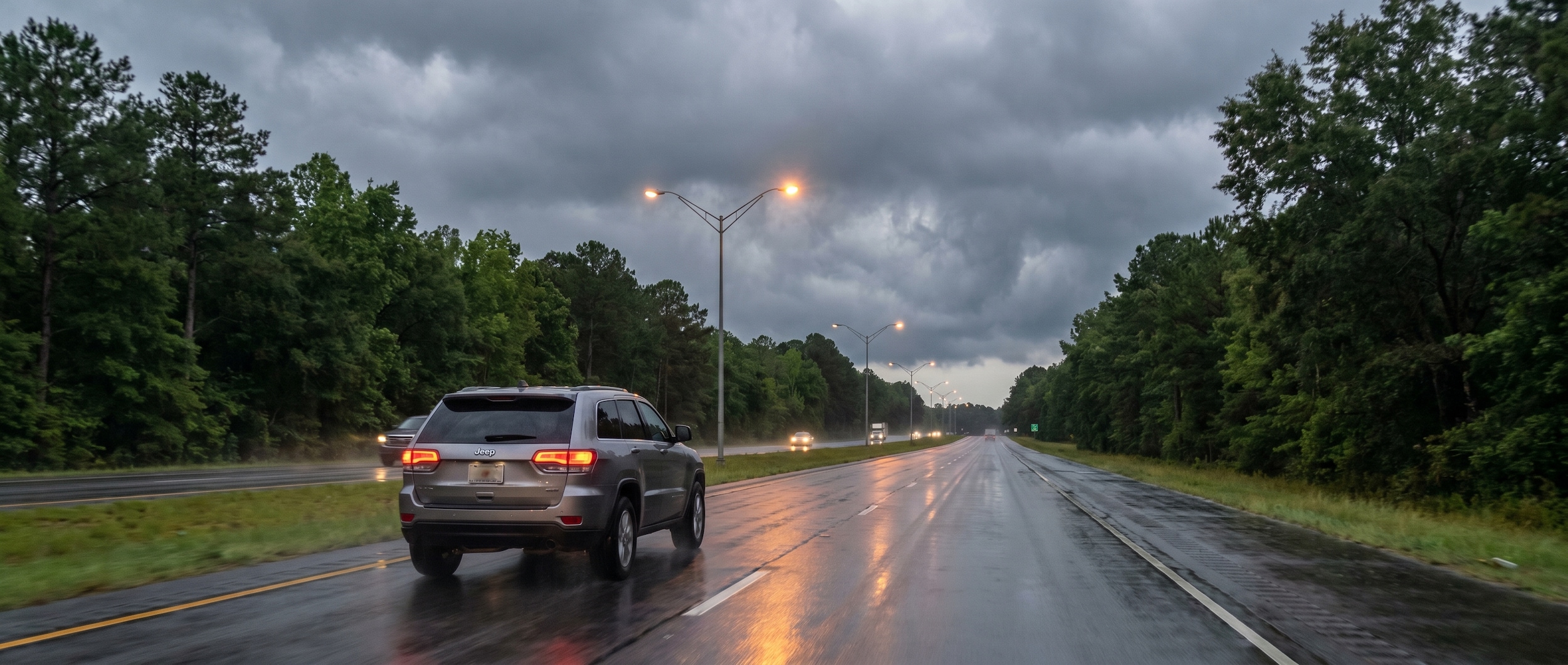 Jeep Grand Cherokee driving in heavy rain during Alabama thunderstorm season near Birmingham AL