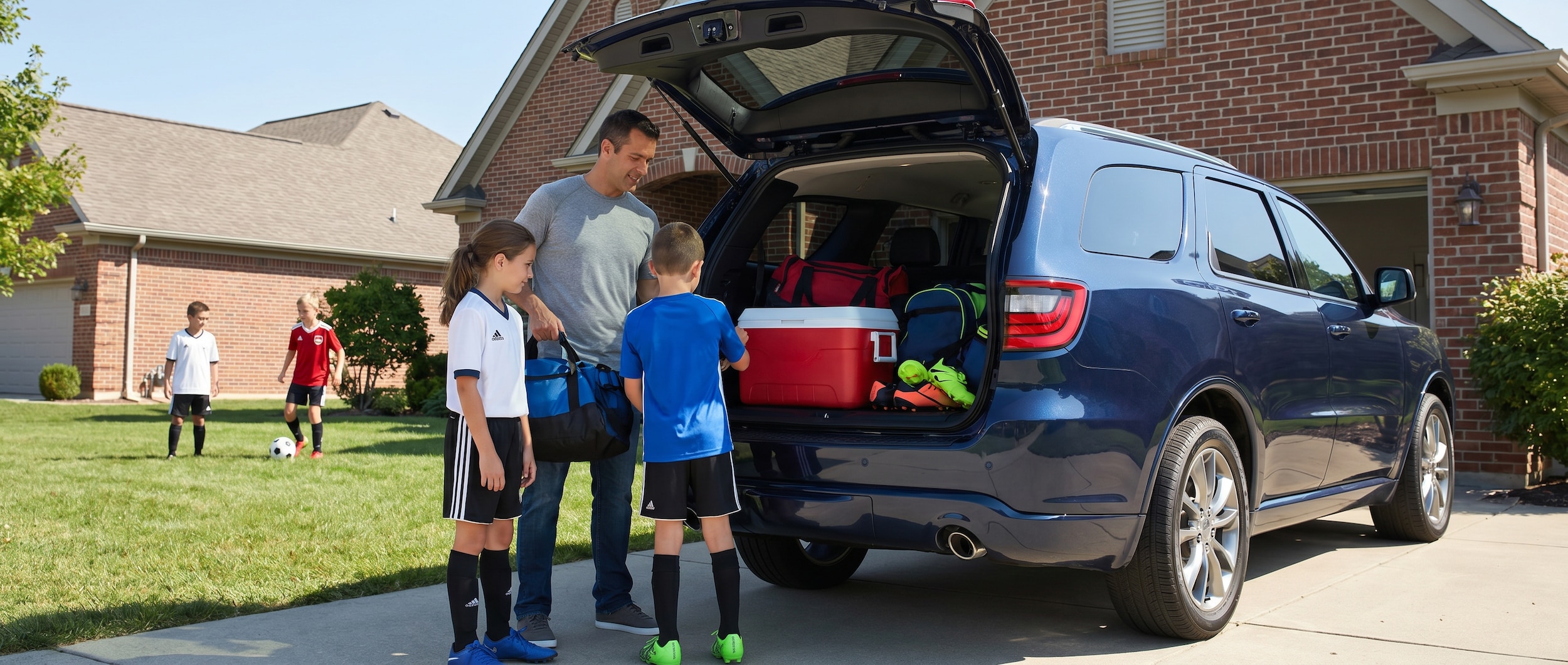 Dodge Durango loaded with kids summer sports gear in Chelsea AL suburb near Birmingham
