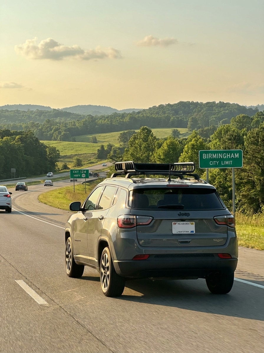 2026 Jeep Compass driving on a Birmingham Alabama interstate during a morning commute
