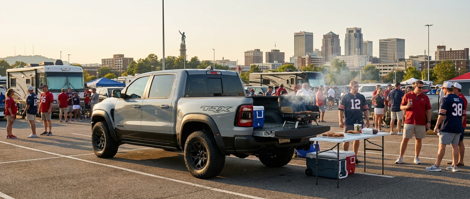 2026 Ram 1500 Crew Cab with tailgate down set up for tailgating in a Birmingham parking lot