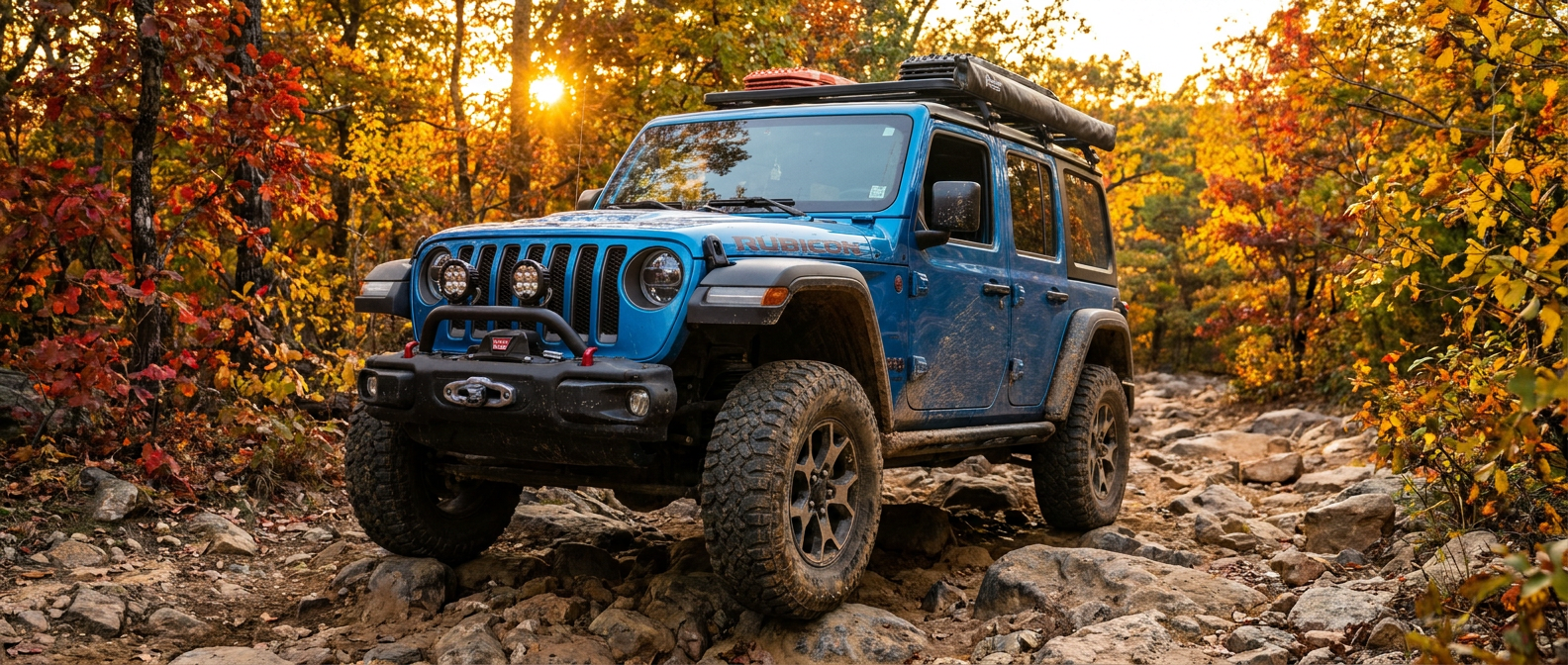 2026 Jeep Wrangler Rubicon on a rocky Alabama trail near Birmingham in fall