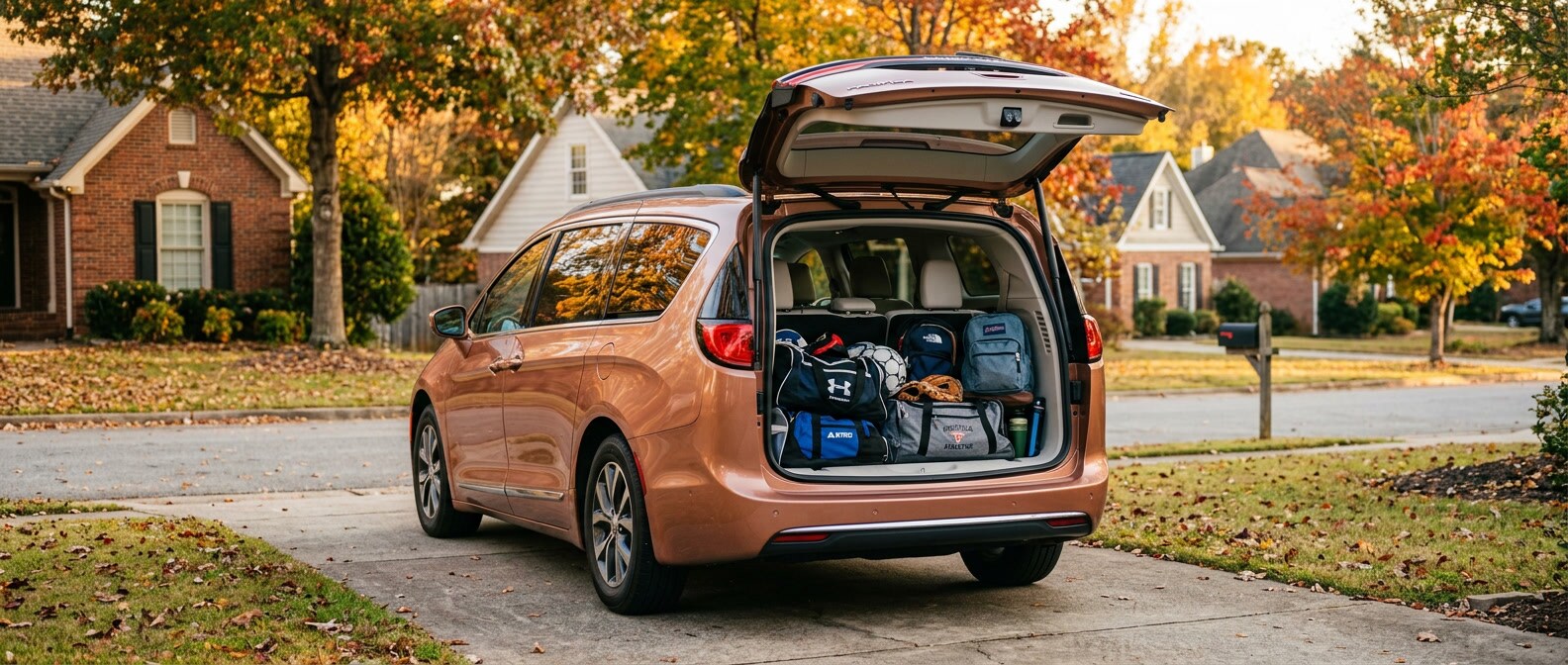 2026 Chrysler Pacifica with rear liftgate open packed with fall sports gear in Trussville Alabama suburb