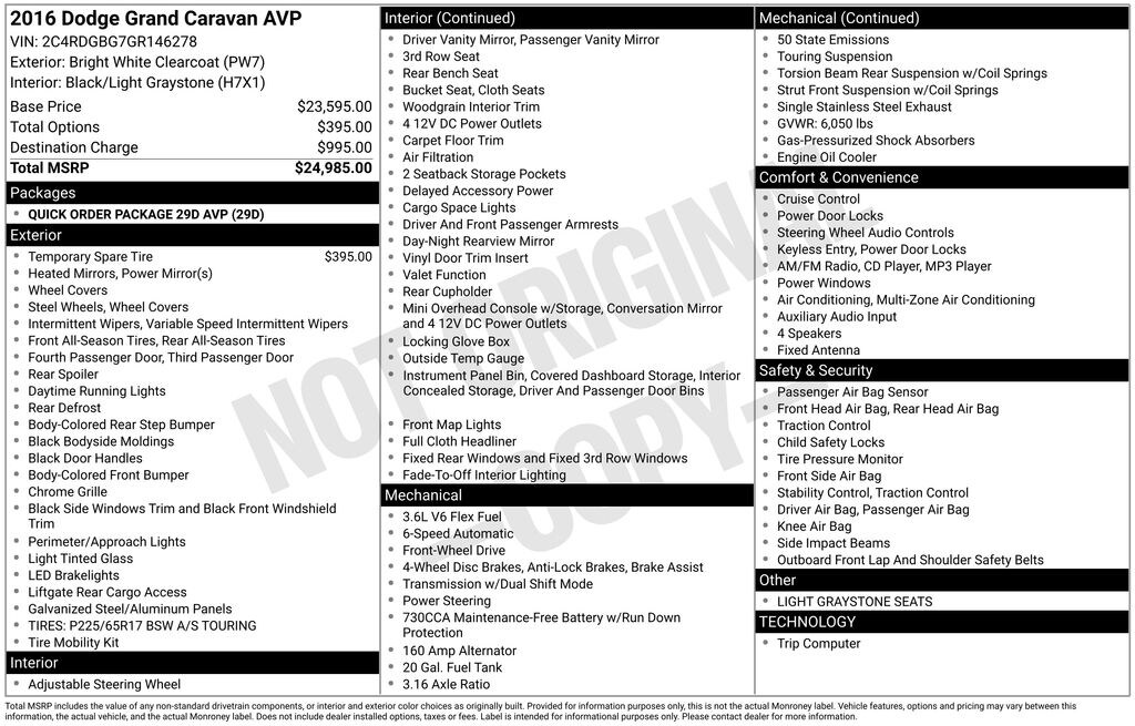 Used 2016 Dodge Grand Caravan AVP Minivan/Van