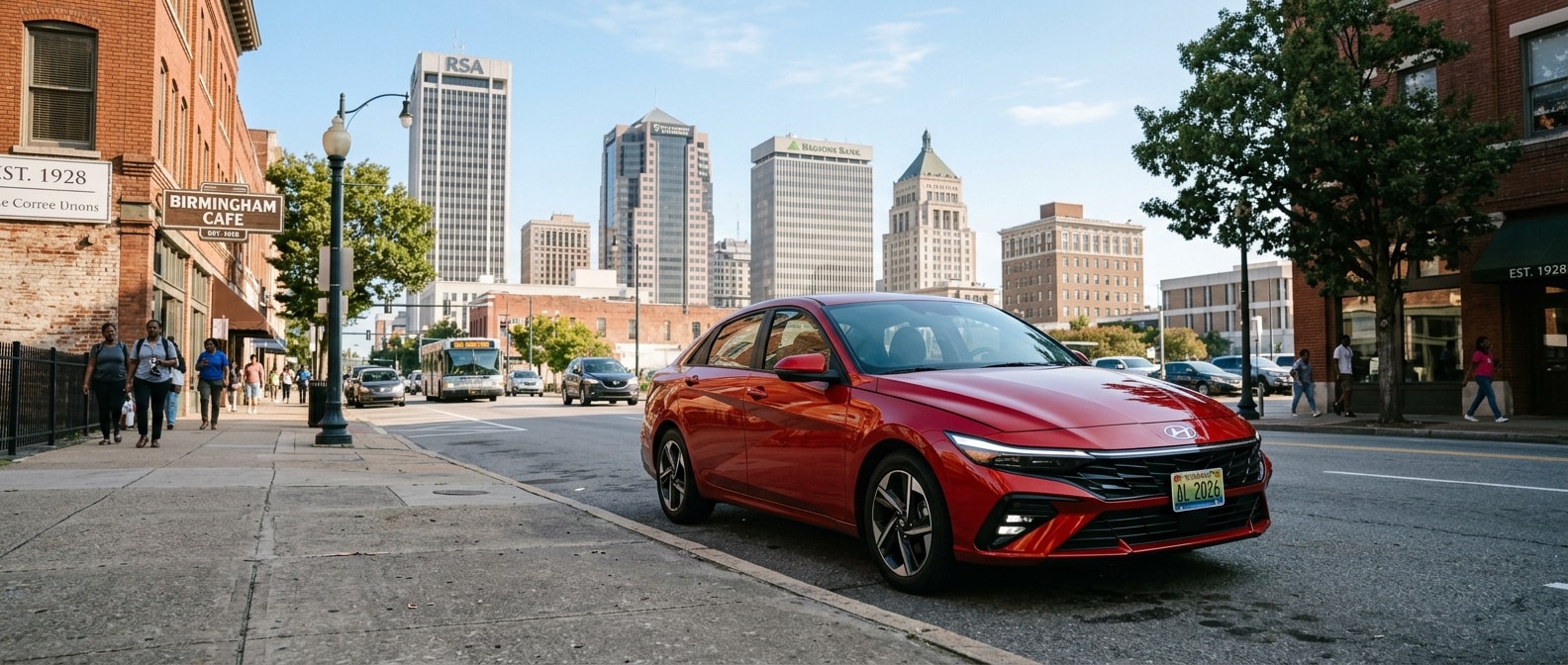 2026 Hyundai Elantra parked in downtown Birmingham Alabama against the city skyline