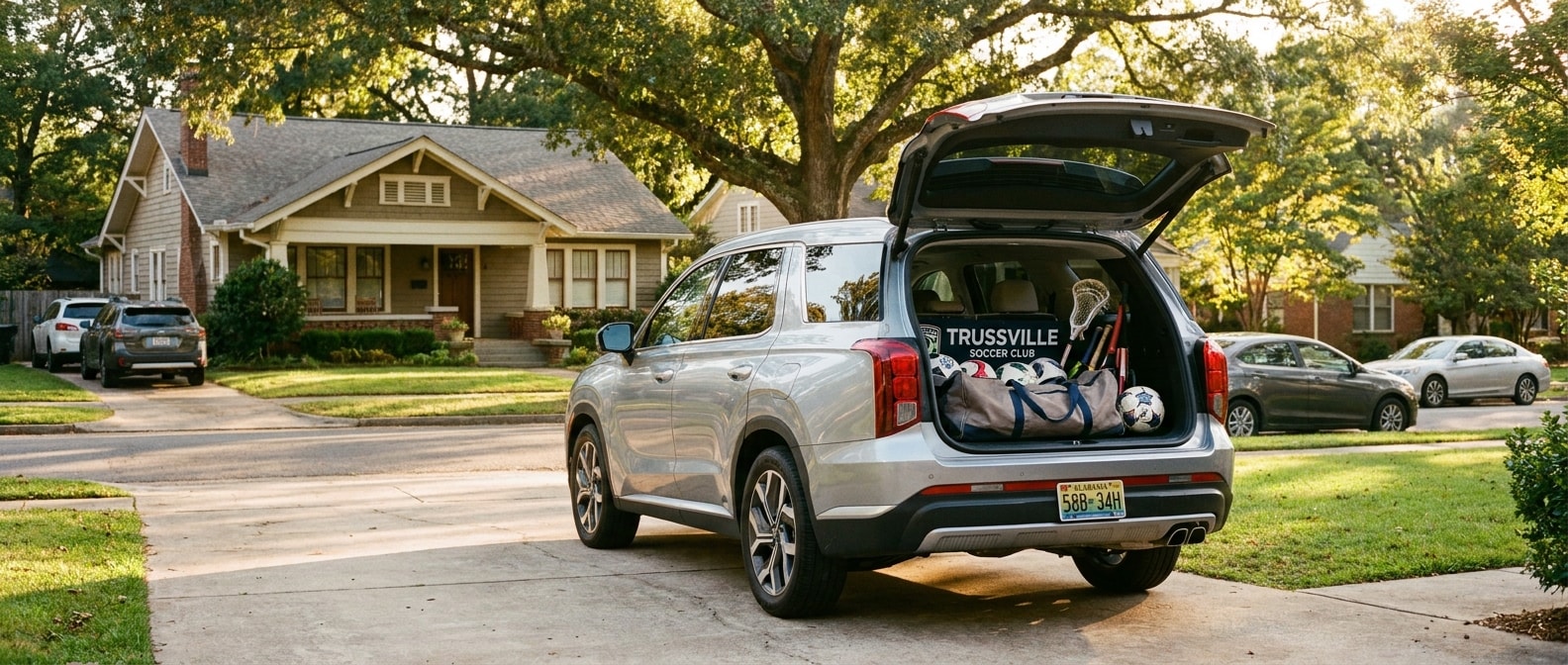 A 2026 Hyundai Palisade in white or silver parked in a sunlit Trussville, Alabama suburban neighborhood driveway, liftgate open with youth sports equipment visible in the cargo area, warm afternoon summer light
