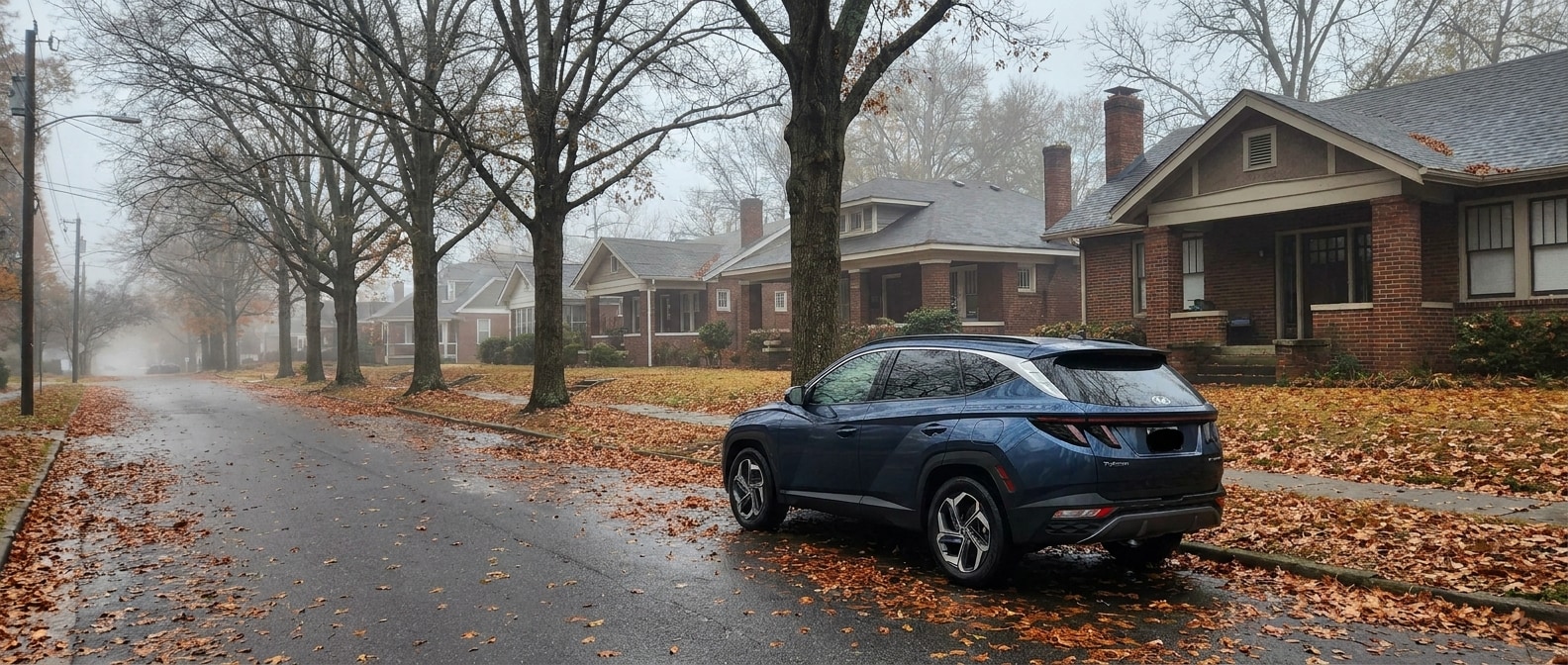 2026 Hyundai Tucson on a foggy Birmingham, AL street ahead of an autumn cold front