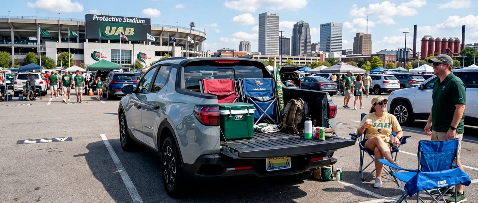 2026 Hyundai Santa Cruz with tailgate down at a Birmingham stadium tailgate lot, downtown skyline in the background