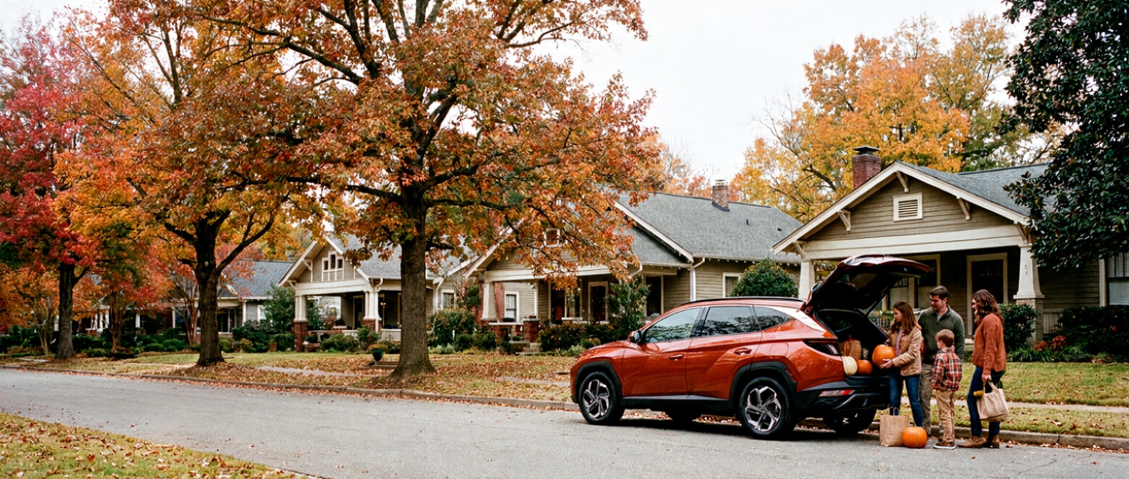 2026 Hyundai Tucson parked on a Homewood Alabama street in October fall foliage