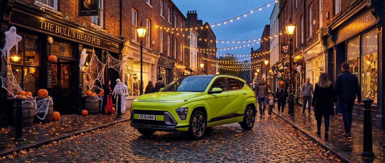 2026 Hyundai Kona parked on a Birmingham street near Avondale during Halloween night