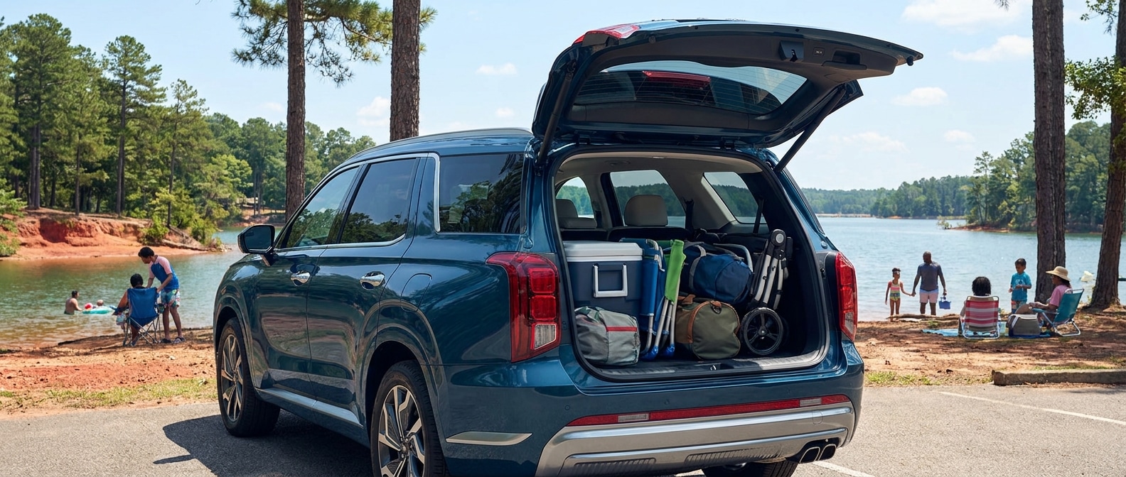 2026 Hyundai Palisade at an Alabama lake, rear liftgate open with family cargo loaded