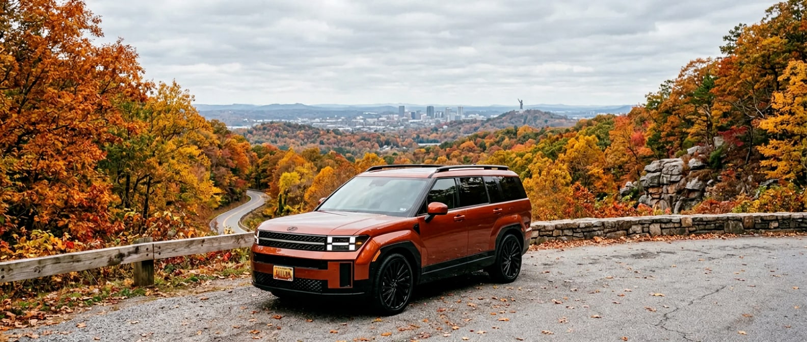 2026 Hyundai Santa Fe at an Alabama fall foliage overlook near Mountain Brook Birmingham