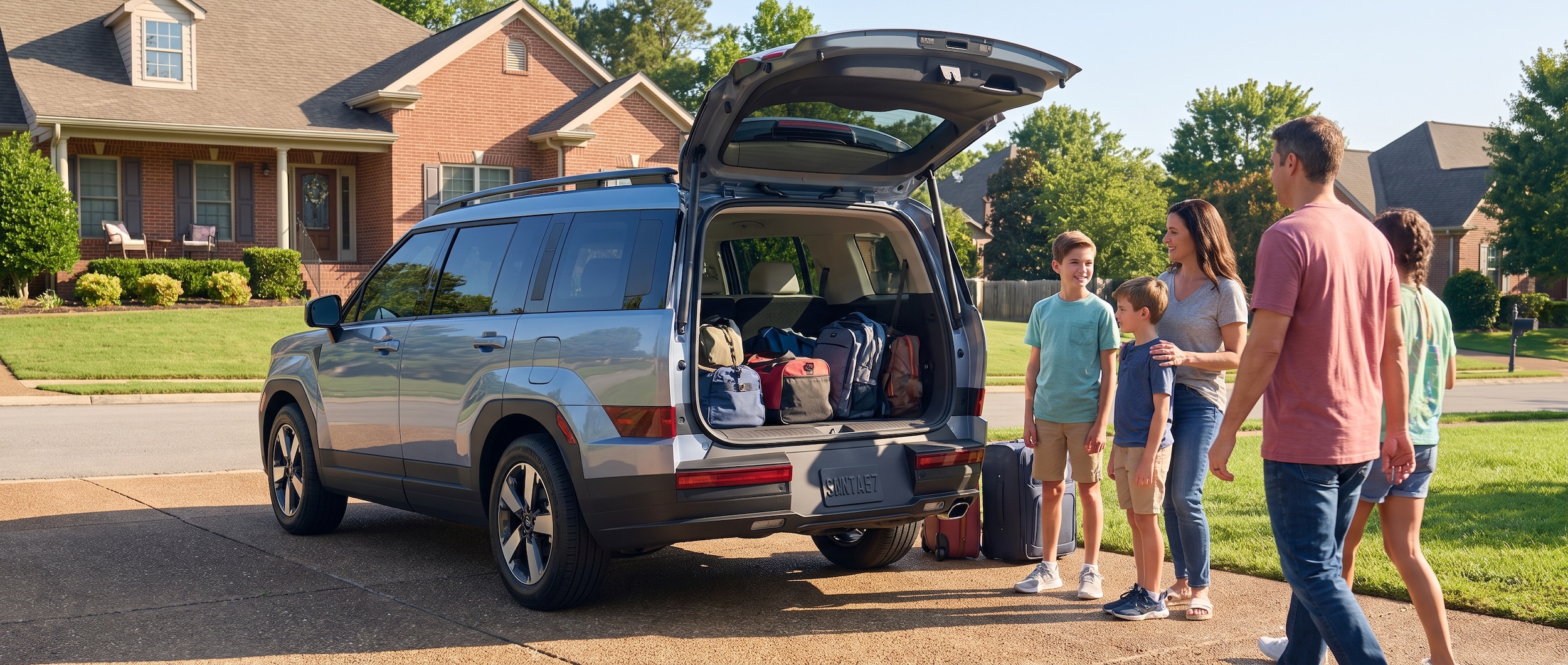 A 2026 Hyundai Santa Fe in a warm silver or blue finish parked outside a Birmingham, AL suburban home on a bright summer morning, with a family loading bags into the open liftgate, rear cargo area visible and spacious