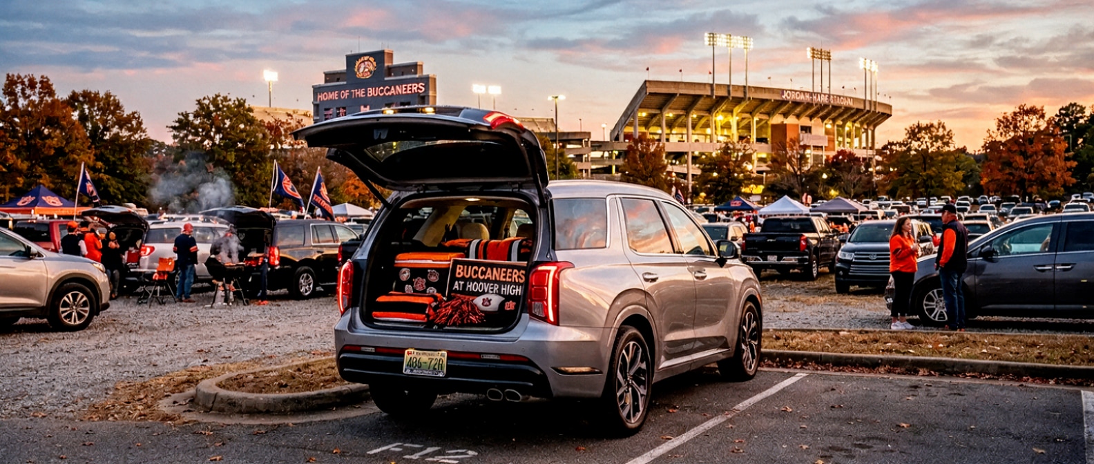 2026 Hyundai Palisade with tailgate open in a stadium parking lot during football season in Hoover, Alabama