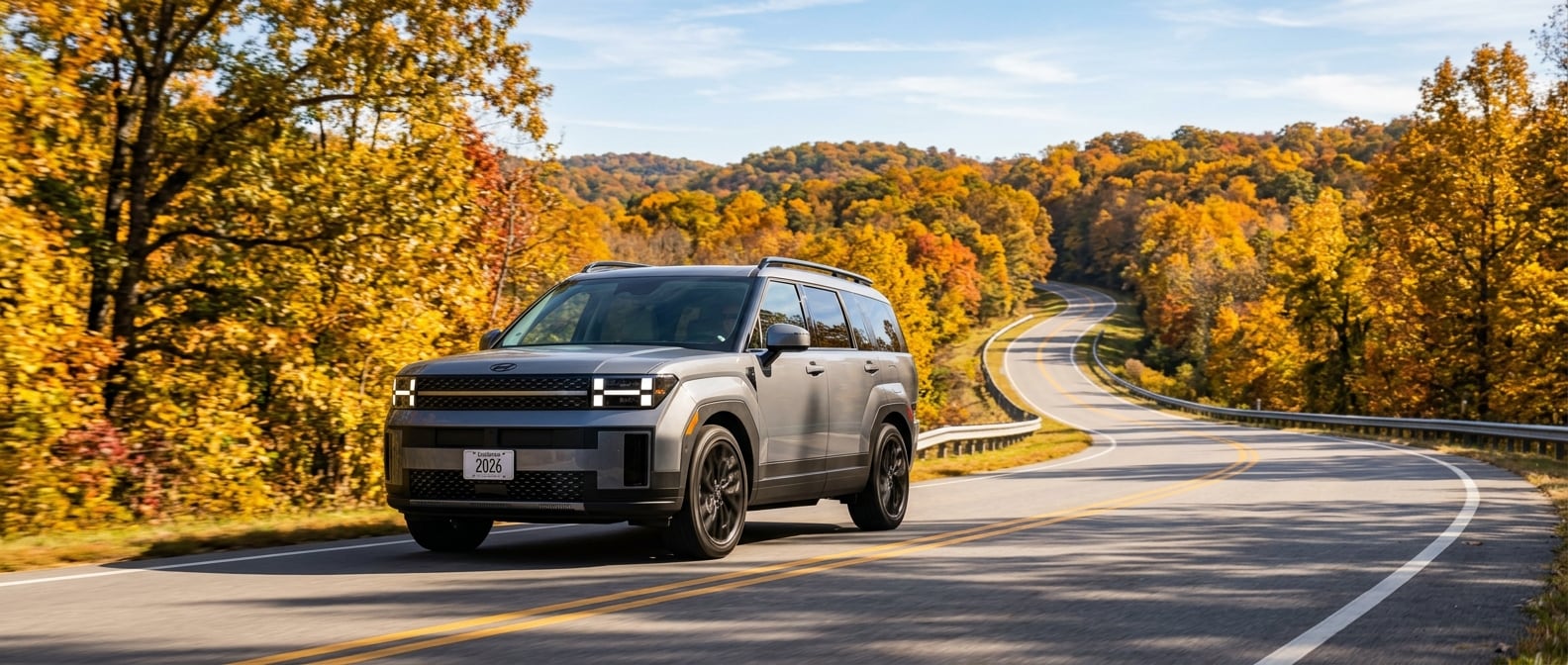 2026 Hyundai Santa Fe on a fall drive along a rolling Alabama highway lined with golden hardwood trees