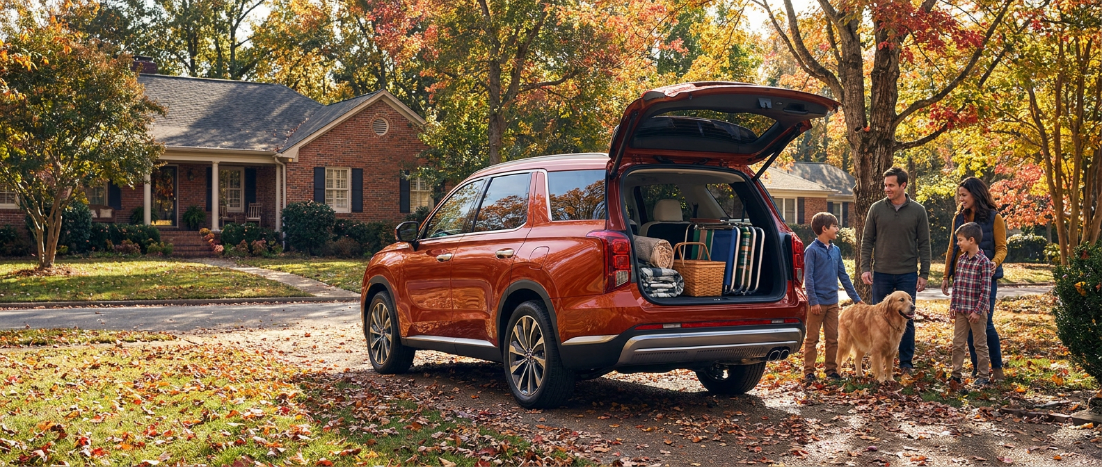 2026 Hyundai Palisade rear liftgate open in a Birmingham Alabama neighborhood on a fall day