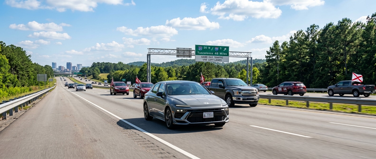 2026 Hyundai Sonata on Alabama I-20/59 highway heading to Tuscaloosa for an Alabama game day