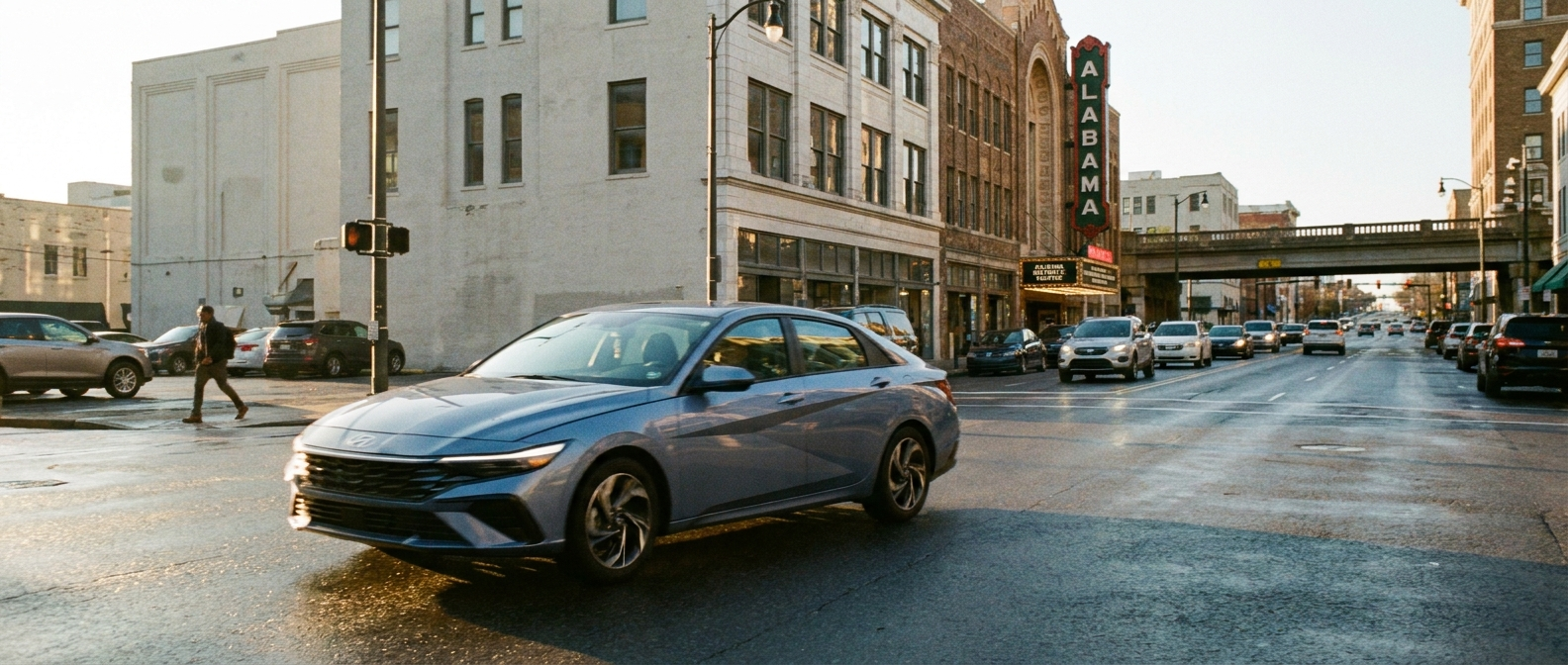 2026 Hyundai Elantra Hybrid on a Birmingham downtown street during morning commute