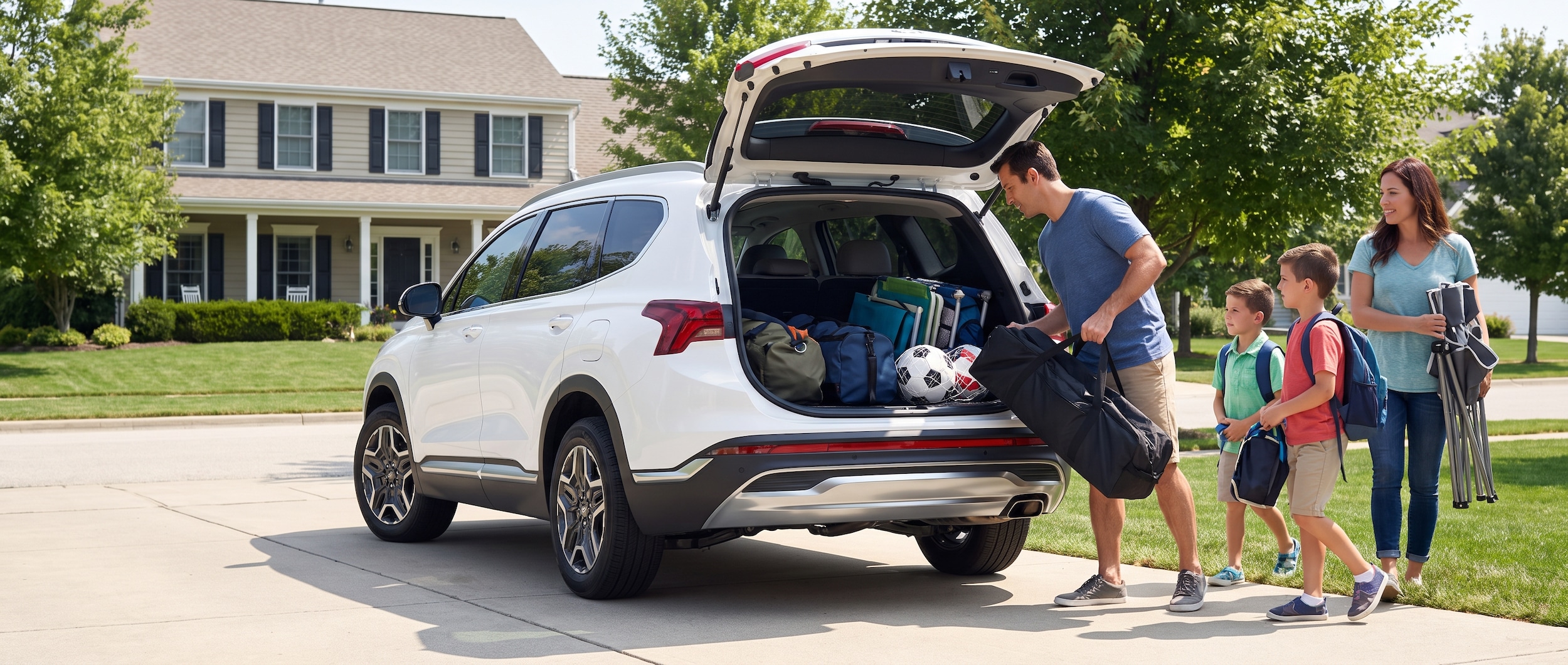 A Hyundai Santa Fe parked at a trailhead near a wooded recreation area with the rear hatch open, revealing neatly organized sports gear including kayak paddles, hiking backpacks, and a cooler, with a blue sky overhead and green trees in the background.