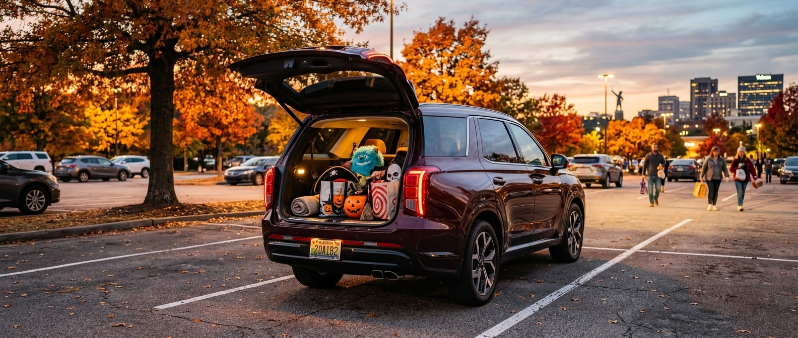 2026 Hyundai Palisade rear hatch open with Halloween gear at a Birmingham fall event, October dusk