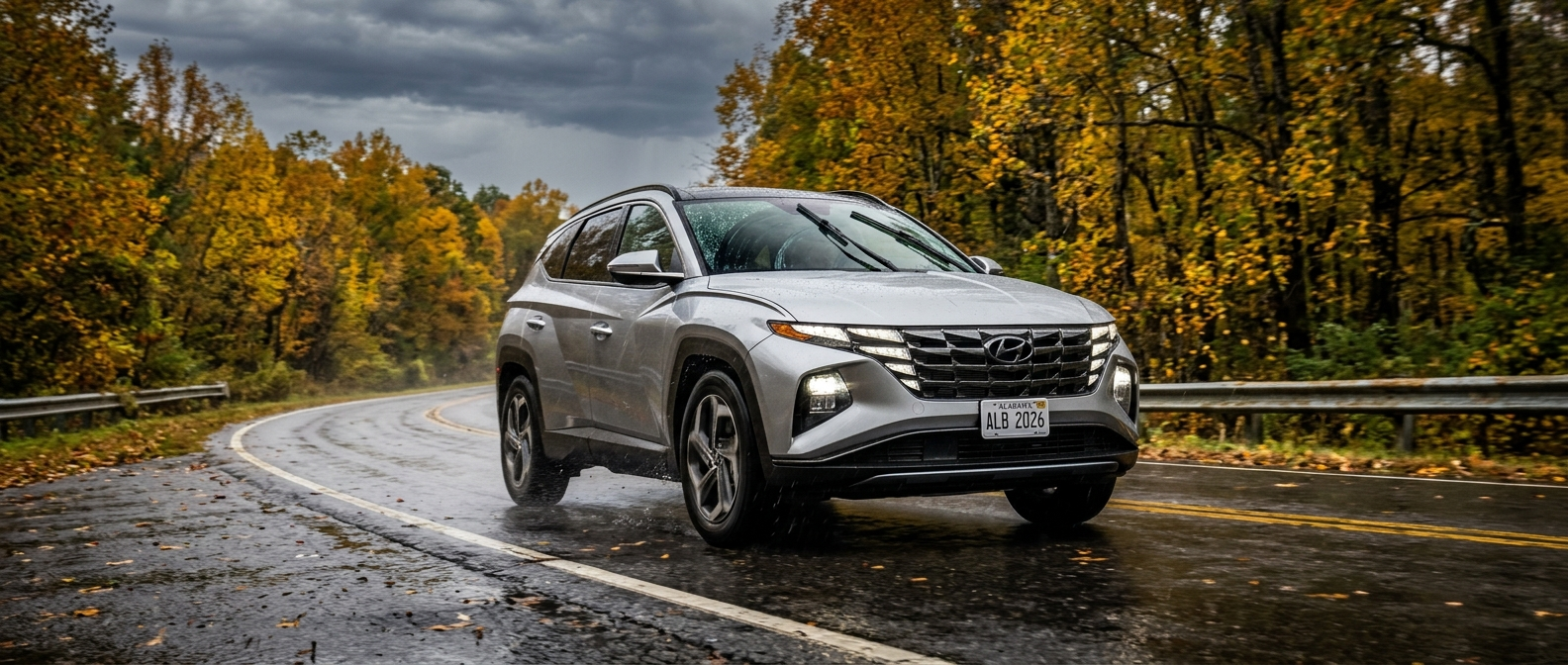 2026 Hyundai Tucson driving on a wet fall road in Birmingham, Alabama, with rain on the windshield and autumn foliage lining the road
