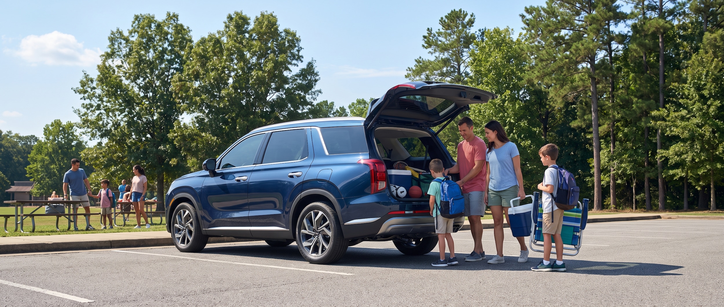 A 2026 Hyundai Palisade parked at a suburban Birmingham, Alabama park on a sunny summer day, families unloading gear from the rear cargo area, green trees and blue sky in background