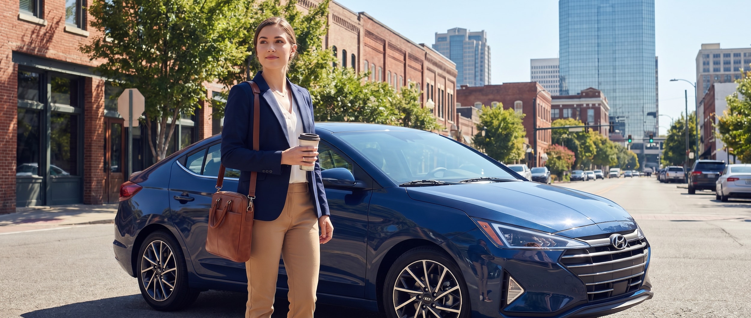 A young professional in business casual attire standing next to a sleek Hyundai Elantra parked near a vibrant urban street in Birmingham, Alabama, with a laptop bag over their shoulder and a coffee cup in hand, city skyline visible in the background on a sunny day.