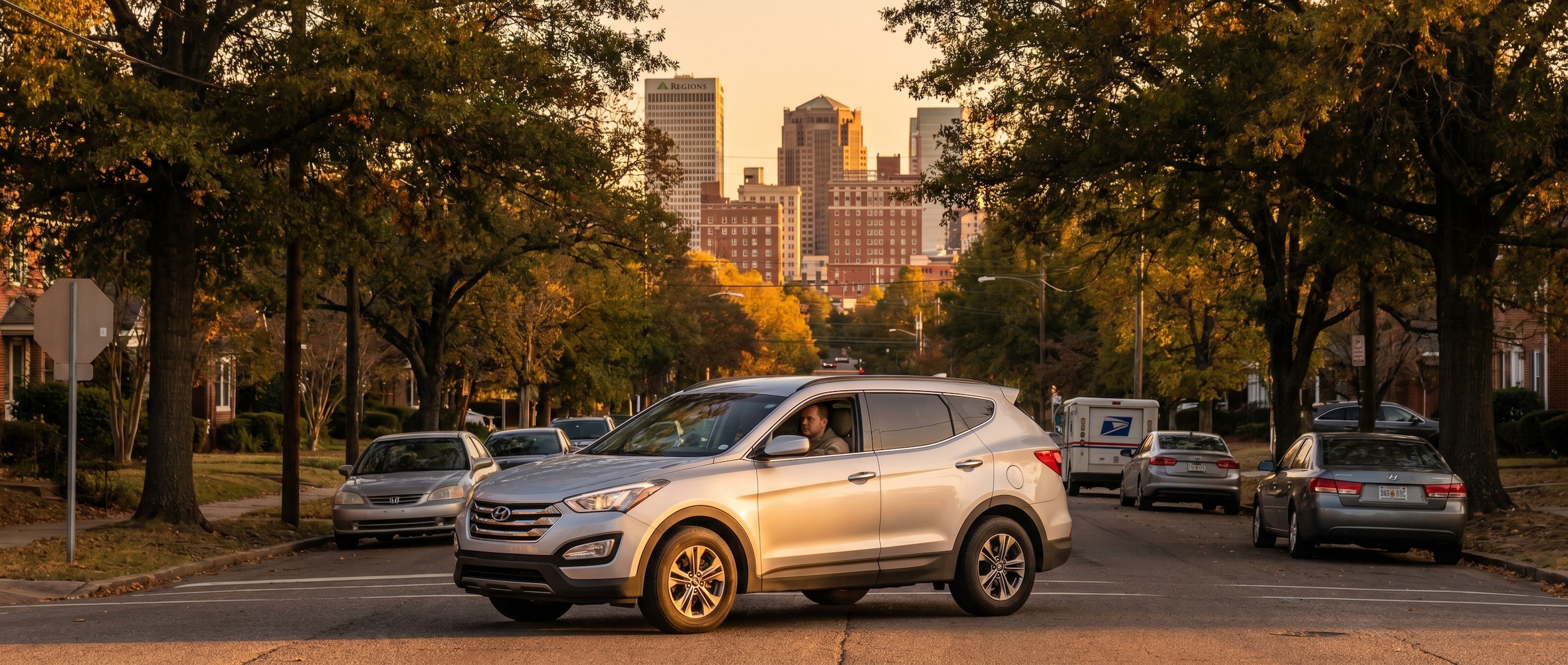 A silver Hyundai SUV driving through a tree-lined Birmingham, Alabama urban street during golden hour, with downtown Birmingham skyline visible in the background, conveying a confident, practical commuter lifestyle.