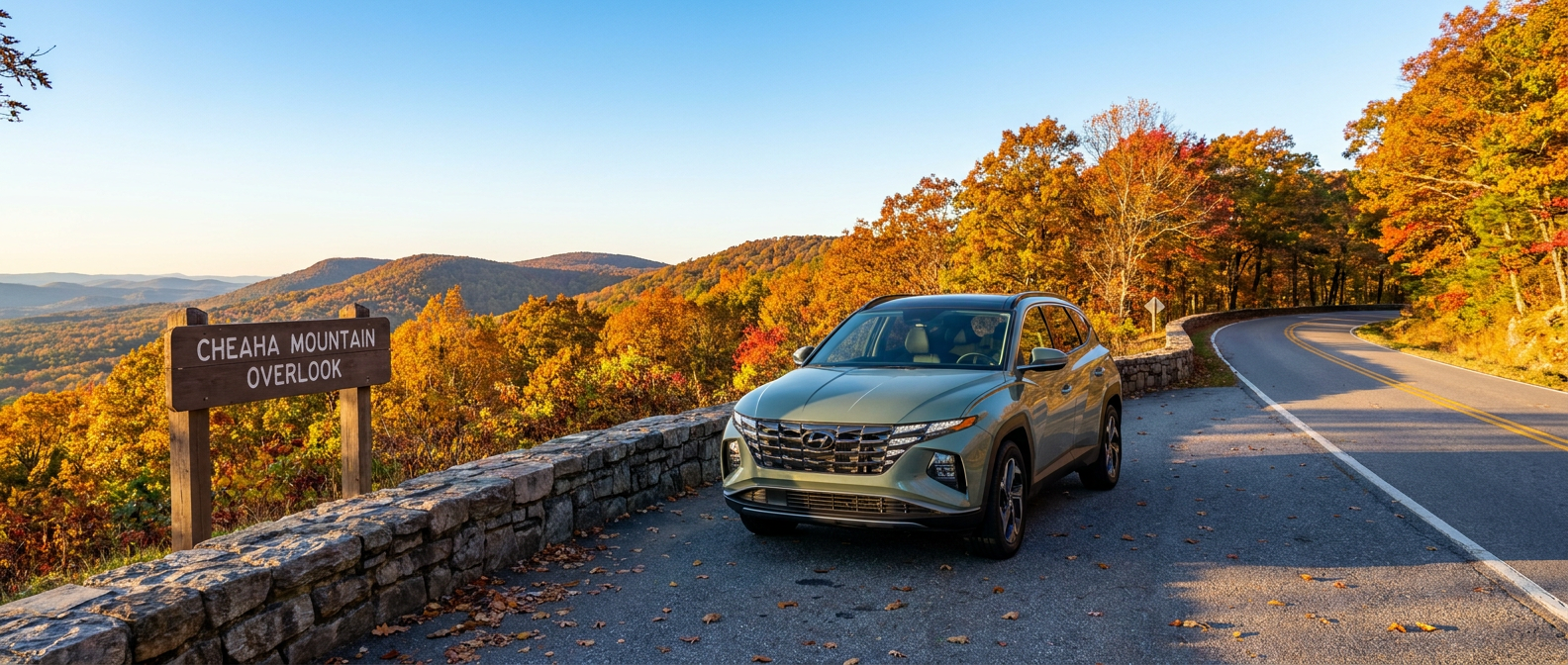 2026 Hyundai Tucson Hybrid at a fall foliage overlook on the Talladega Scenic Drive near Cheaha State Park, Alabama