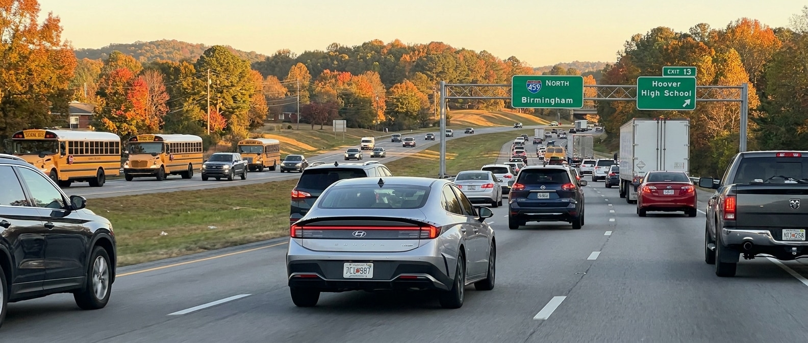 2026 Hyundai Sonata Hybrid on a Birmingham, AL highway commute at morning rush hour
